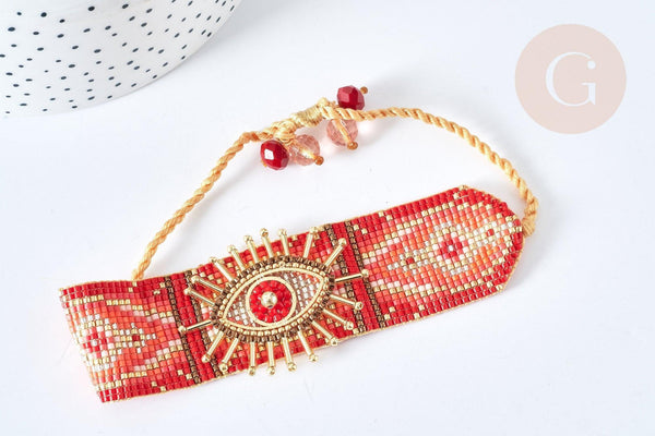 Bracelet manchette Réglable oeil protecteur cordon nylon perles rocailles tissées rouge 28cm, bijou chance à offrir, bracelet amitié, x1 (G7635)
