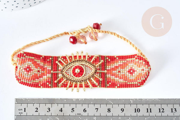 Bracelet manchette Réglable oeil protecteur cordon nylon perles rocailles tissées rouge 28cm, bijou chance à offrir, bracelet amitié, x1 (G7635)