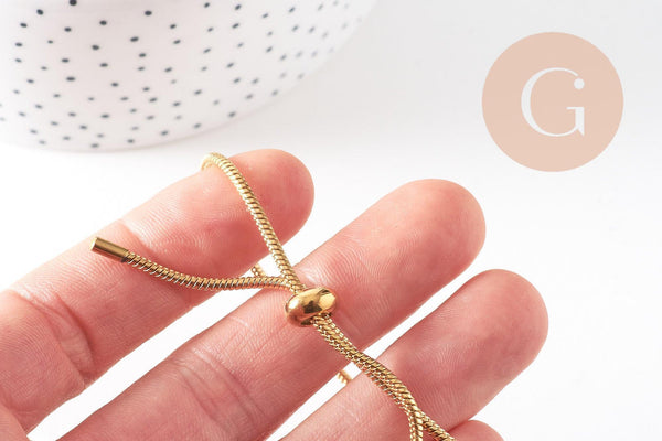 Bracelet réglable chaine serpent acier inoxydable doré, fermoir frein, sans nickel, 14k 2mm/ 27cm, x1 (G5496)