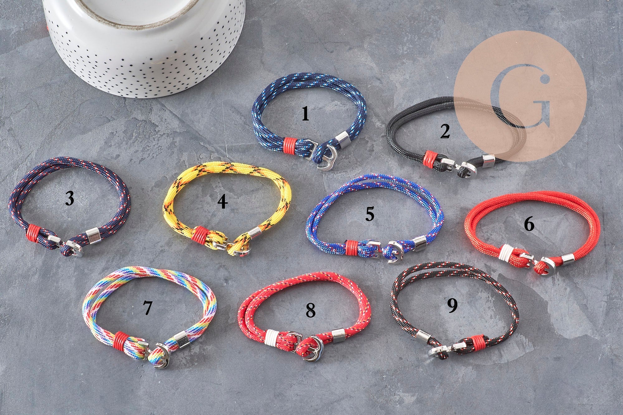 Adjustable polyester cord bracelet, platinum zamak anchor 21.5cm, x1 VALID