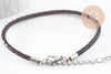 Bracelet réglable cuir cacao acier platine 304 inoxydable 3mm-21.5cm, bracelet unisexe acier inoxydable, x 1 (G9574)