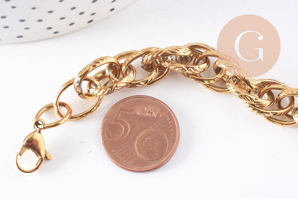 Bracelet très grosse maille acier 304 inoxydable doré IP 14k 20.5cm, x1 (G4197)