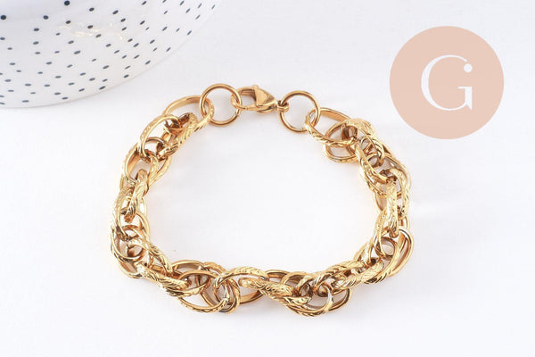 Bracelet très grosse maille acier 304 inoxydable doré IP 14k 20.5cm, x1 (G4197)