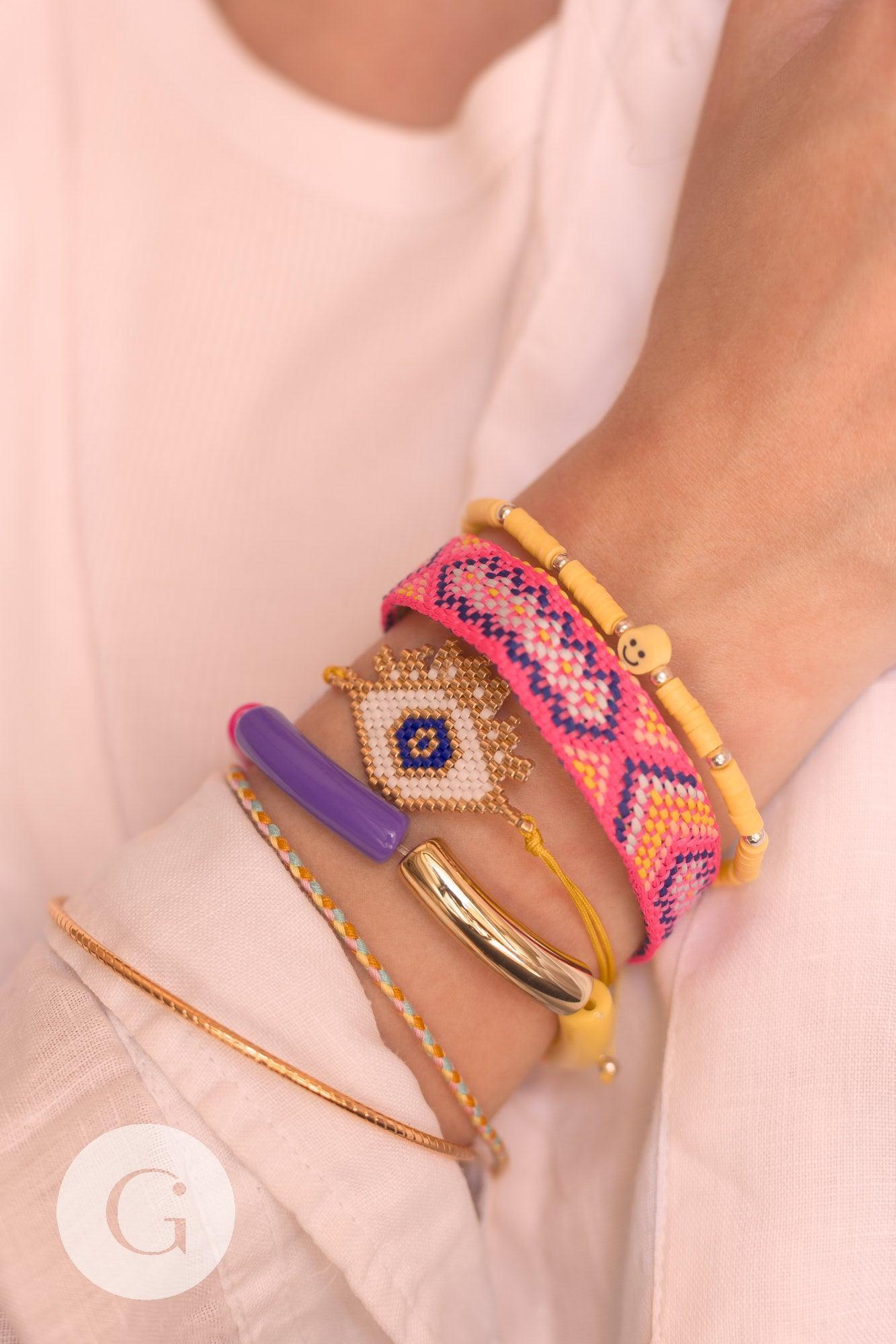 Bracelet tressé coton jaune bleu acier doré 14k 20.5cm, x1 (G6221)