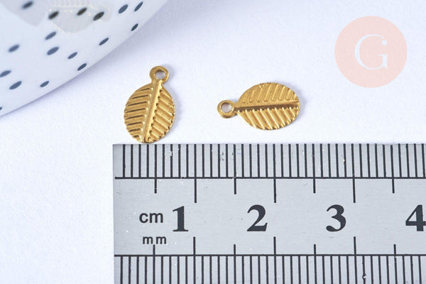 Breloque Feuille striée laiton brut 9,5mm, fournitures bijoux création bijoux, x 5 G6553
