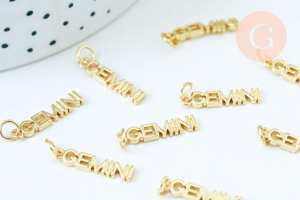 Breloque Gémeaux laiton doré 18k ,sans nickel,création bijoux astrologique, pendentif horoscope,19mm, x1 (G6047)