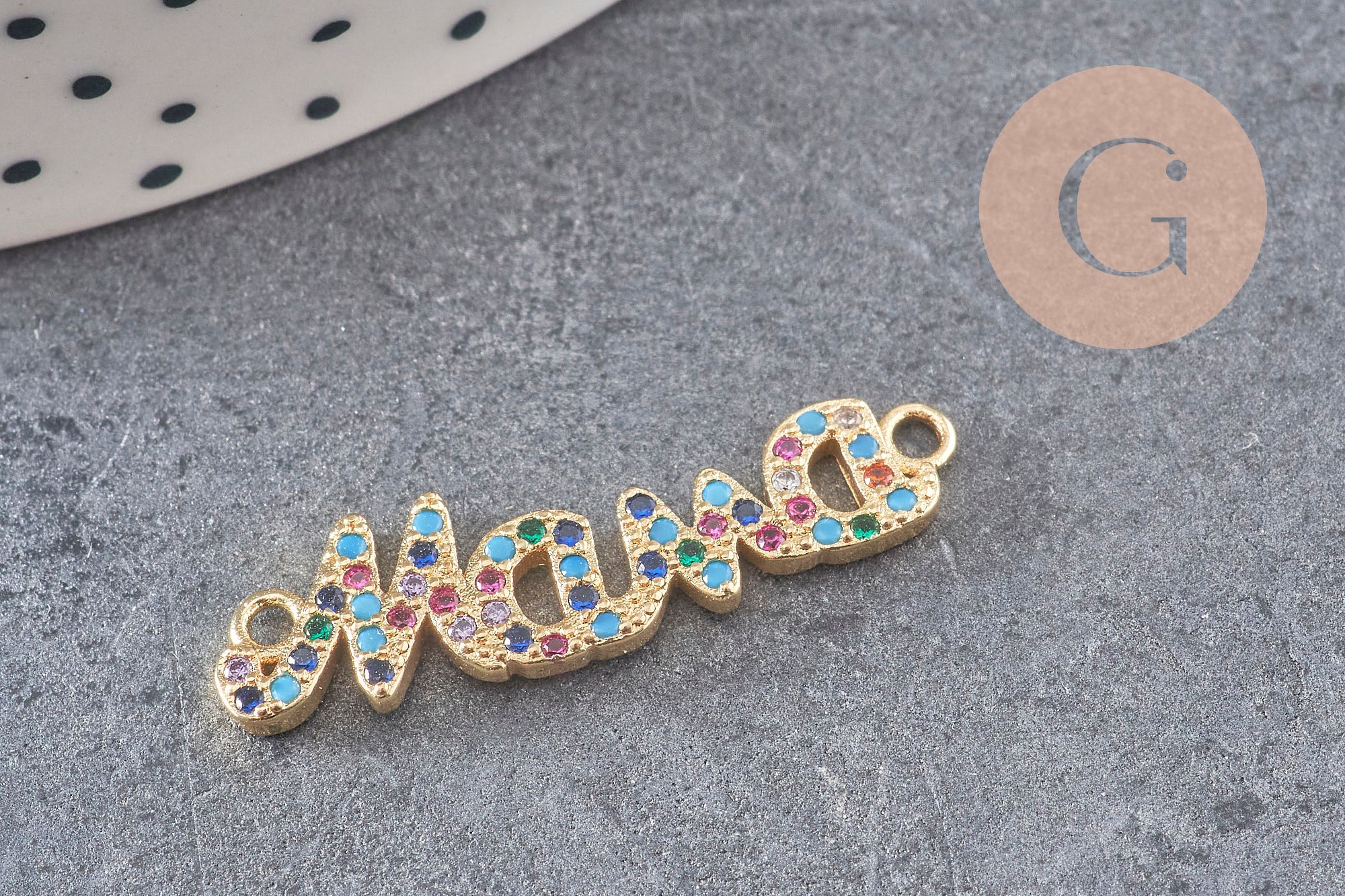 Breloque Mama laiton doré 18k cristal coloré,sans nickel,pendentif amour, Pendentif zircon,30mm x1 (G3475)
