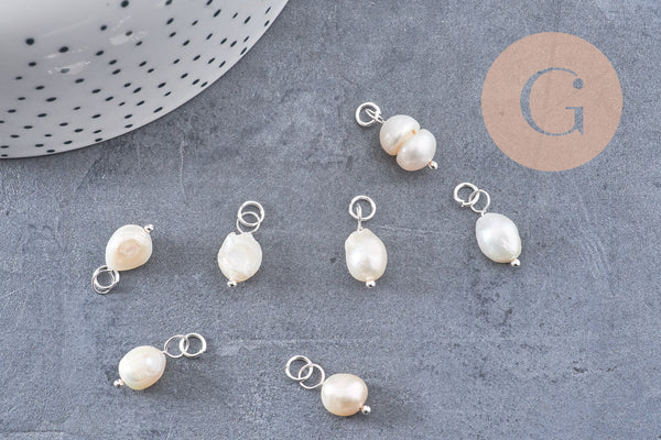 Breloque Perle d'eau douce naturelle blanche acier 304 inoxydable platine 15mm, x1 (G10875)