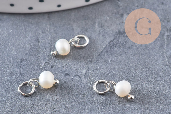 Breloque Perle d'eau douce naturelle blanche acier 304 inoxydable platine 8.5mm, x1 (G10901)