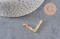 Breloque V laiton doré 18k cristal,sans nickel,pendentif amour, Pendentif zircon coloré,33.2mm, x1 (G8788)