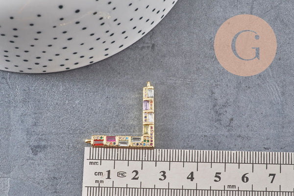 Breloque V laiton doré 18k cristal,sans nickel,pendentif amour, Pendentif zircon coloré,33.2mm, x1 (G8788)