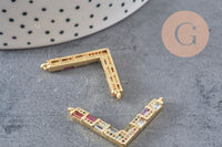 Breloque V laiton doré 18k cristal,sans nickel,pendentif amour, Pendentif zircon coloré,33.2mm, x1 (G8788)