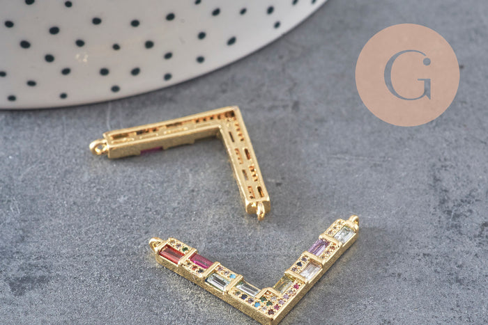 Breloque V laiton doré 18k cristal,sans nickel,pendentif amour, Pendentif zircon coloré,33.2mm, x1 (G8788)