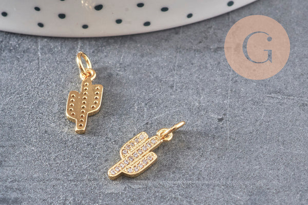 Breloque cactus laiton doré 18k cristal,sans nickel,western États-Unis,pendentif porte bonheur, Pendentif zircon,15mm x1 (G0484)