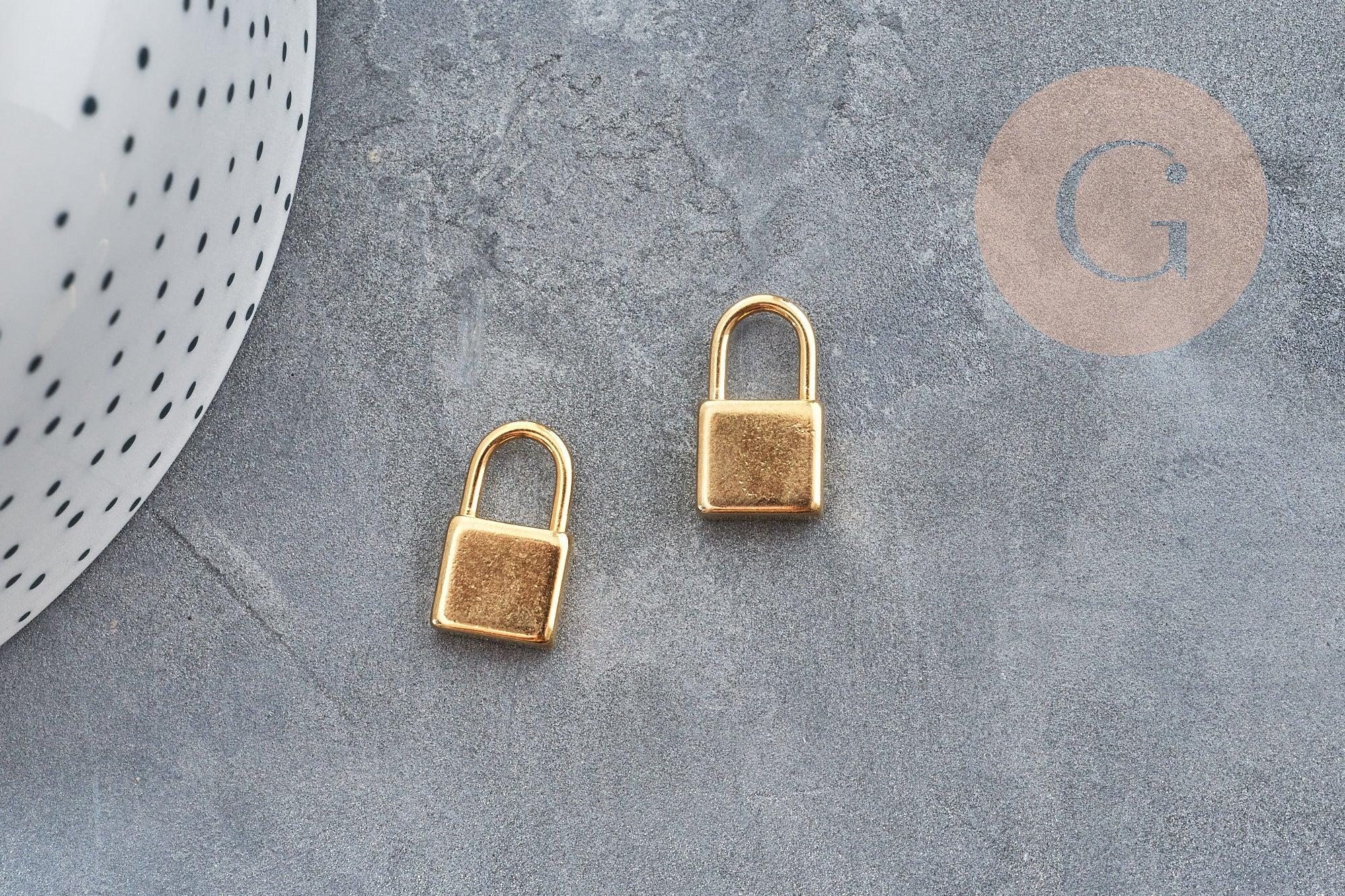 Breloque cadenas acier 304 doré 18k inoxydable 18mm, création bijoux amour, x1 (G2612)