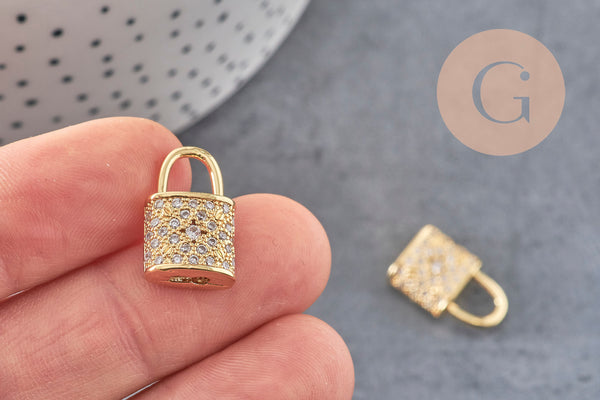 Breloque cadenas laiton doré 18k zircons 12.5mm, x1 (G2578)