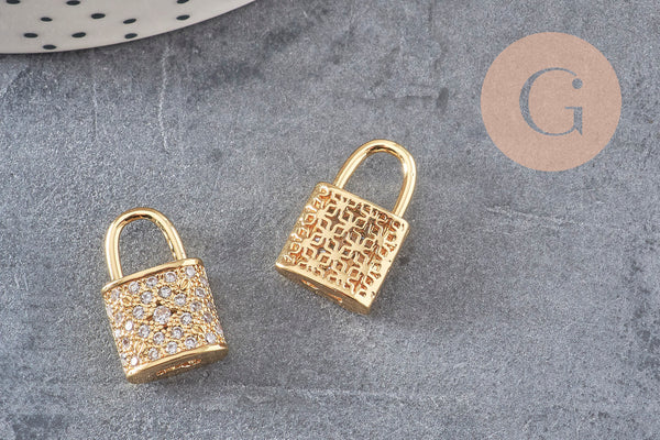 Breloque cadenas laiton doré 18k zircons 12.5mm, x1 (G2578)