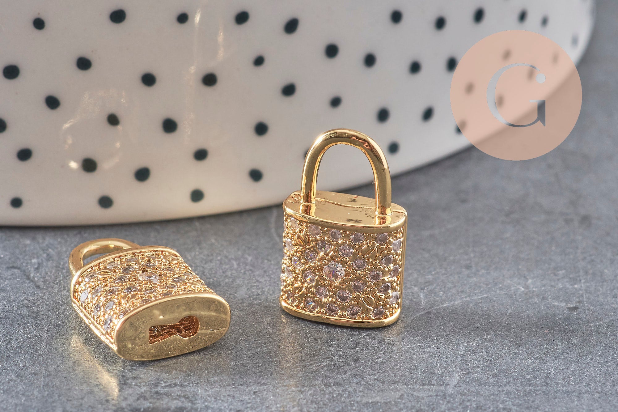 Breloque cadenas laiton doré 18k zircons 12.5mm, x1 (G2578)