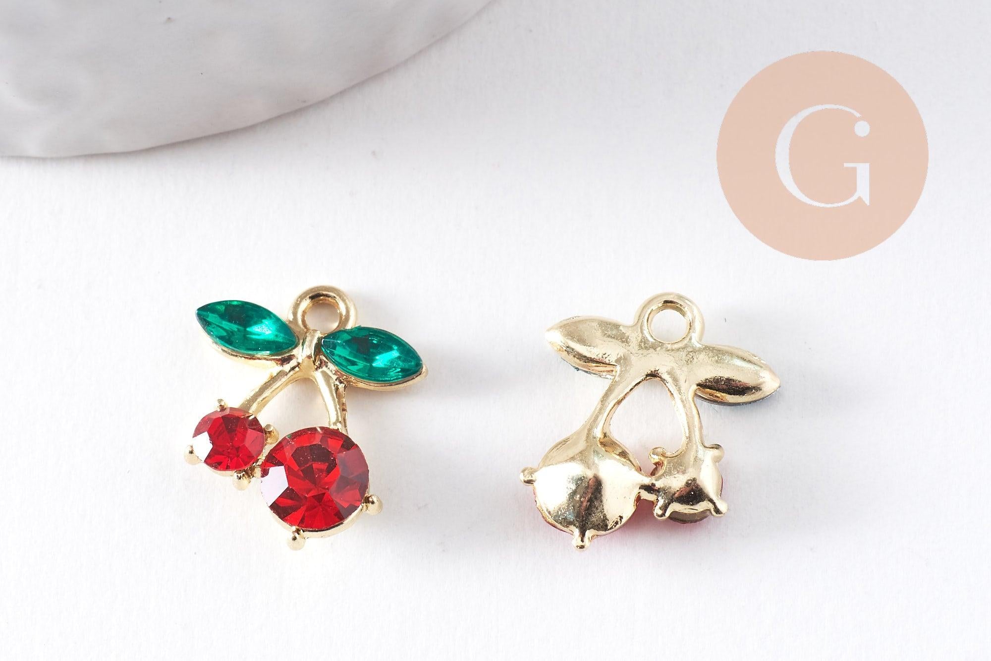 Breloque cerise zircons et zamac doré 16K, x2 (G10391)