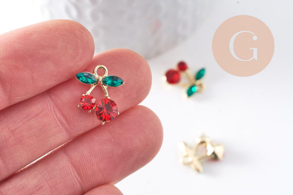 Breloque cerise zircons et zamac doré 16K, x2 (G10391)