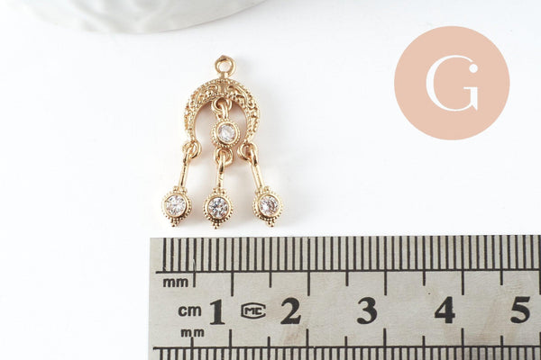 Breloque chandelier laiton doré 18k cristal,sans nickel,création boucles d'oreille zircon,25mm, x1 (G4220)