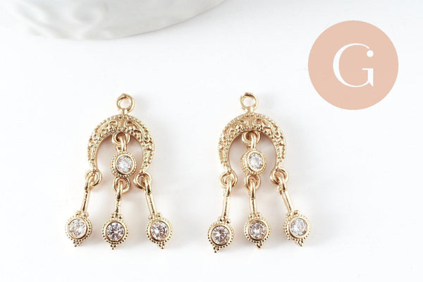 Breloque chandelier laiton doré 18k cristal,sans nickel,création boucles d'oreille zircon,25mm, x1 (G4220)