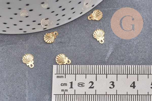 Breloque coquillage acier 304 inoxydable doré 14k 7.5mm, Pendentif coquillage sans nickel, x10 (G6014)