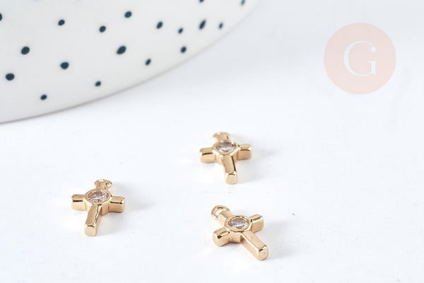 Breloque croix laiton doré 18k cristal 12.5mm,création bijoux pendentif religion, x1 (G8438)