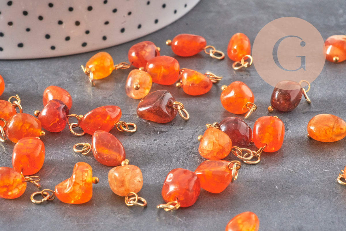 Orange natural agate cube charm, 18K golden metal, 14.5mm, x1 (G11329)