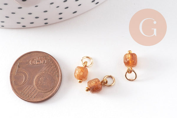 Breloque cube tourmaline naturelle acier 304 inoxydable doré 9mm, x1 (G11006)