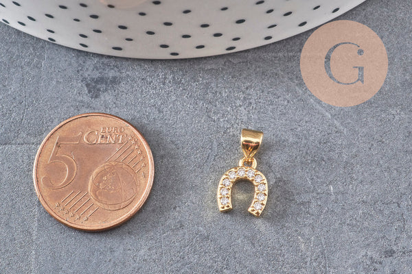 Breloque fer à cheval laiton doré 18k cristal 10mm, x1 (G0487)