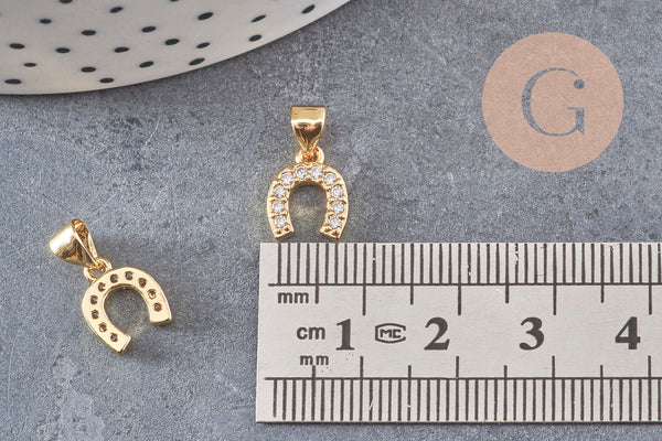 Breloque fer à cheval laiton doré 18k cristal 10mm, x1 (G0487)