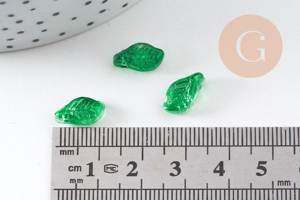 Breloque feuille verre vert 12mm, x20 (G10876)