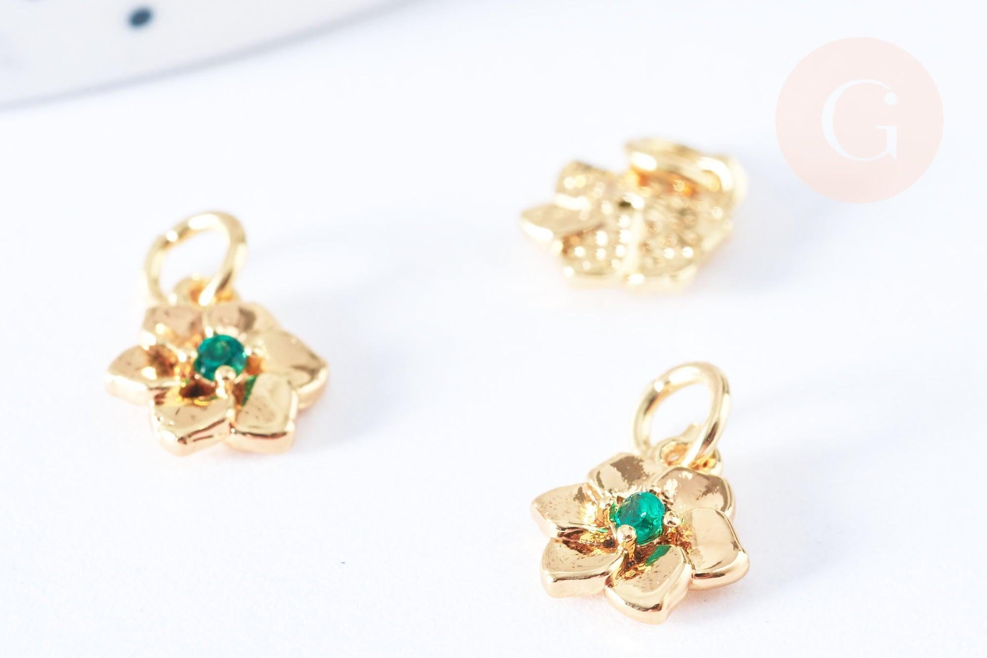 Breloque fleur laiton doré 18k zircon vert 9.5mm, pendentif création bijoux doré, x1 G6944