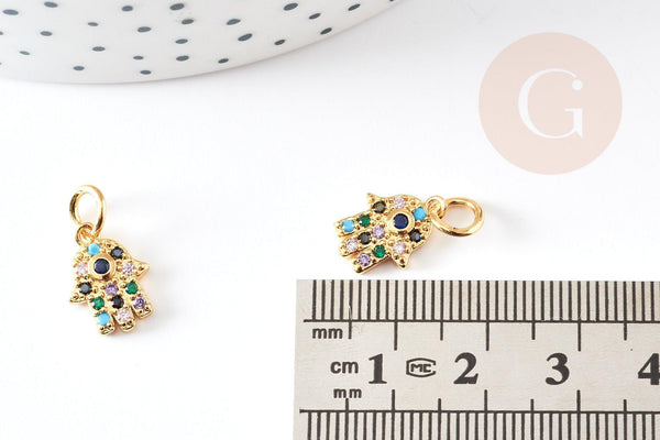 Breloque main fatma laiton doré 18k cristal coloré,création bijoux,pendentif religion, Pendentif zircon,13mm, x1 G3477
