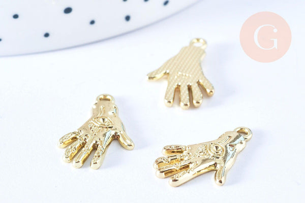 Breloque main oeil protecteur zamac doré 18k 20mm,sans nickel, pendentif chance, x1 (G6005)