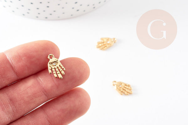 Breloque main oeil protecteur zamac doré 18k cristal zircon 15mm, x1 (G4765)