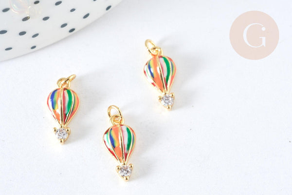 Breloque montgolfière émail multicolore laiton doré et zircon blanc 14mm,création bijoux coloré, x1 G7377