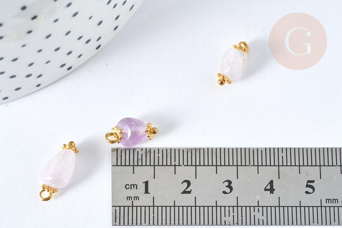 Breloque nuggets jade naturelle violet laiton doré 14~17mm, pendentif bijoux pierre naturelle, x1 (G7588)