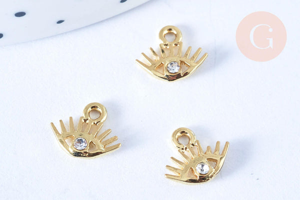 Breloque oeil protecteur zamac doré 18k cristal zircon 10mm, x1 (G5463)