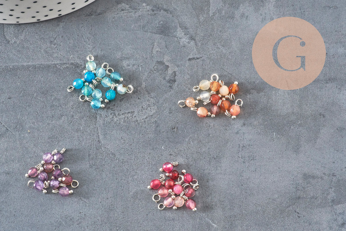 Breloque ronde agate naturelle facetée laiton platine 8.5mm, x1 (G11369)-Breloques et pendentifs-Gingerlily Perles