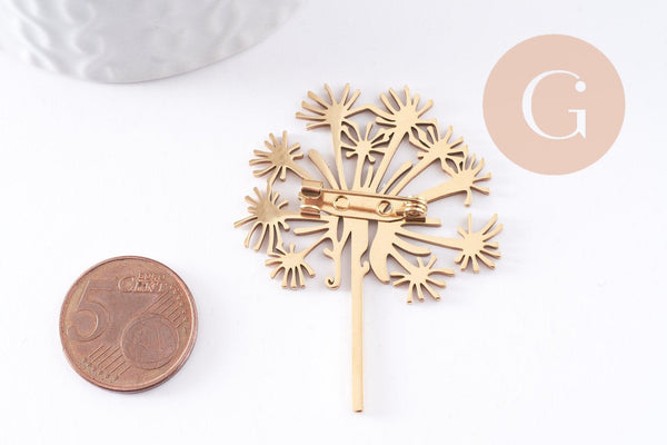 Broche Pissenlit Dandelion acier 201 inoxydable doré 52.5mm, x1 (G9925)