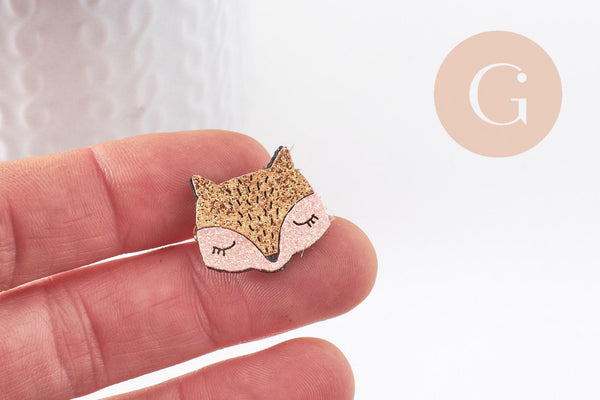 Broche mignonne renard doré et rose paillettes 21mm, x1 (G9998)