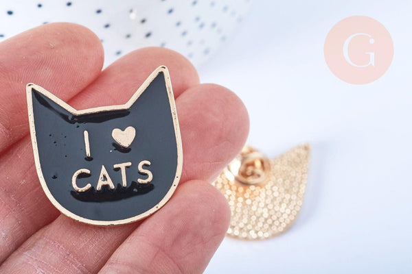 Broche pins chat noir "I LOVE CAT" doré émail 14mm,broche dorée customisation vêtements,x1 G6614