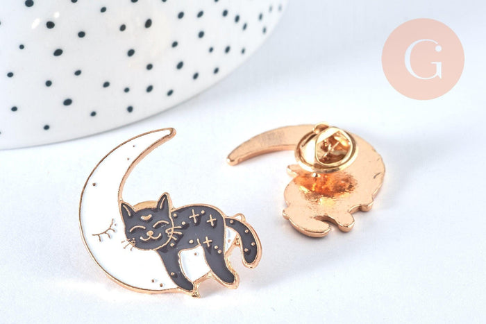 Broche pins chat noir et lune blanche doré émail 30mm,x1 (G6799)