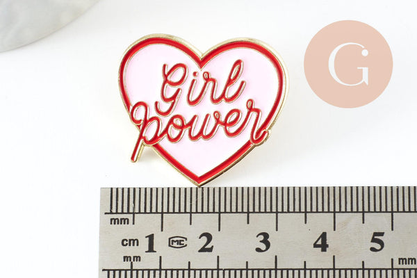 Broche pins coeur GIRL POWER émaillé rose 31mm, x1 (G9459)