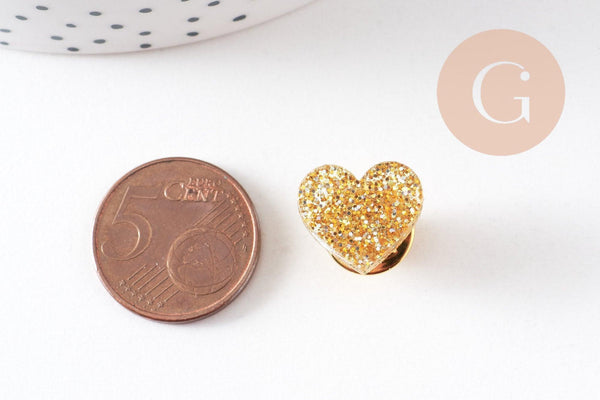 Broche pins coeur Plexiglas doré à paillettes 20mm, x1 (G10532)