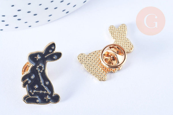 Broche pins lapin motif mystique noir doré émail 26x17mm,broche dorée, décoration veste,x1 G6617
