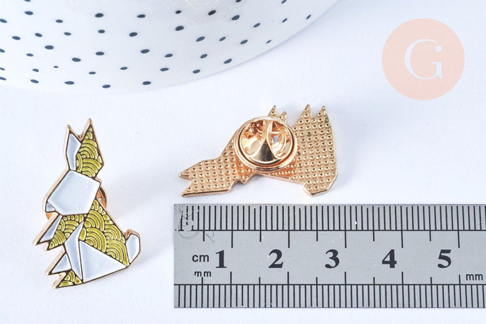Broche pins lapin origami doré émail Jaunz 29x18mm,décoration veste, x1 (G6612)