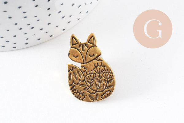 Broche renard gravée acier 304 inoxydable doré 35mm, décoration veste, x1 (G9782)